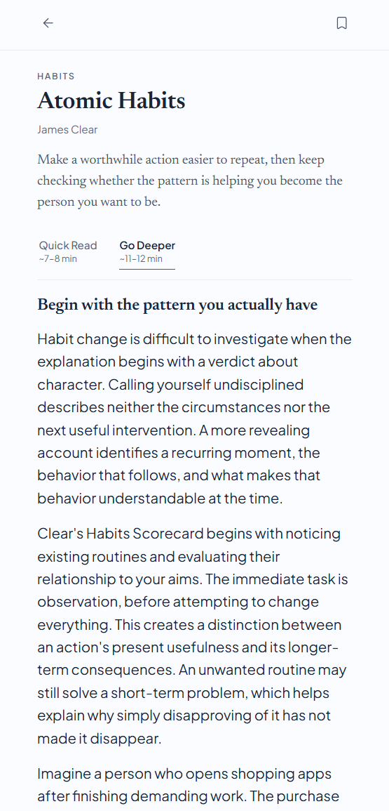 MindBrief reader showing Atomic Habits in Go Deeper mode